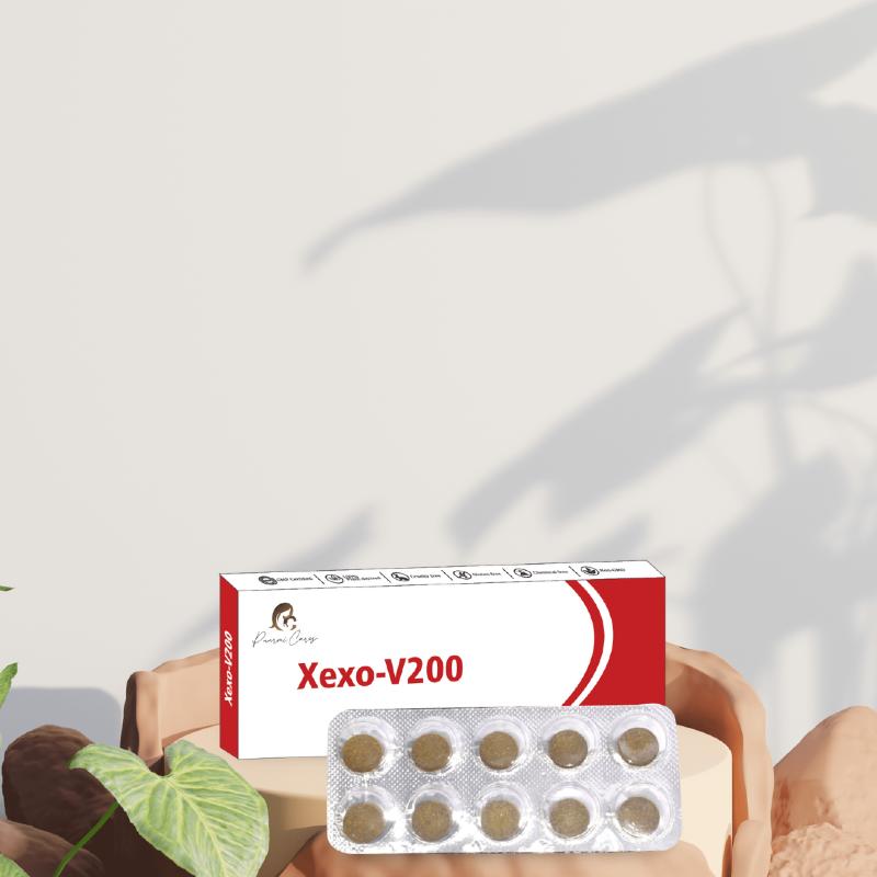 Blister pack of pills in front of a box labeled "Xexo-V200" from Paarmi Cares.
