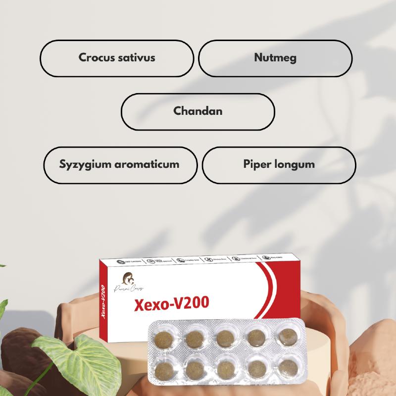 Paarmi Cares Xexo-V200 product box with a blister pack of ten tablets, ingredients listed above.
