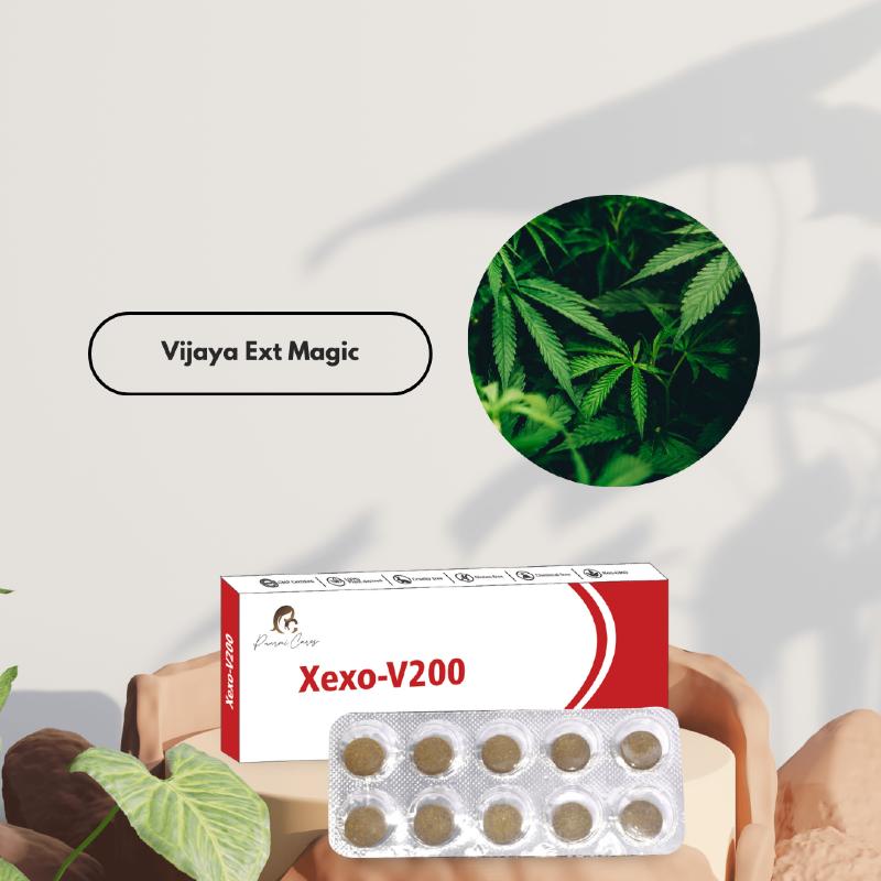 "Paarmi Cares Xexo-V200 package with blister pack of tablets and cannabis leaves inset."