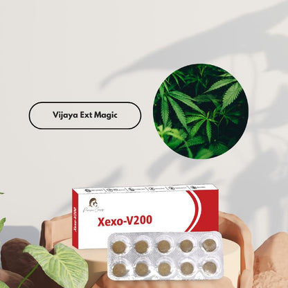 "Paarmi Cares Xexo-V200 package with blister pack of tablets and cannabis leaves inset."