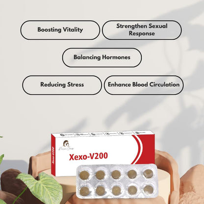 Box and blister pack of "Xexo-V200" tablets from Paarmi Cares with text bubbles listing benefits.