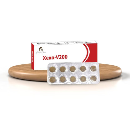 Blister pack of ten tablets in front of a box labeled "Xexo-V200" by Paarmi Cares.