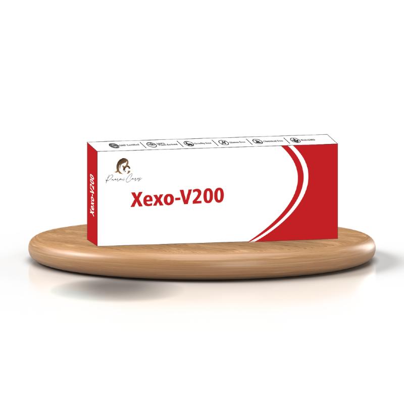 Rectangular white and red product package of Xexo-V200 by Paarmi Cares on a wooden platform.