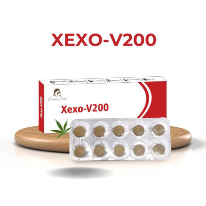 Xexo-V200 package and blister pack with tablets by Paarmi Cares on a wooden platform with a cannabis leaf illustration.