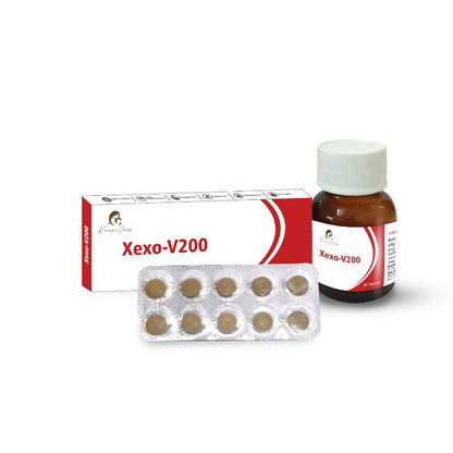 "Medication packaging for Paarmi Cares' Xexo-V200—includes a white box, brown pill bottle, and blister pack with tablets."