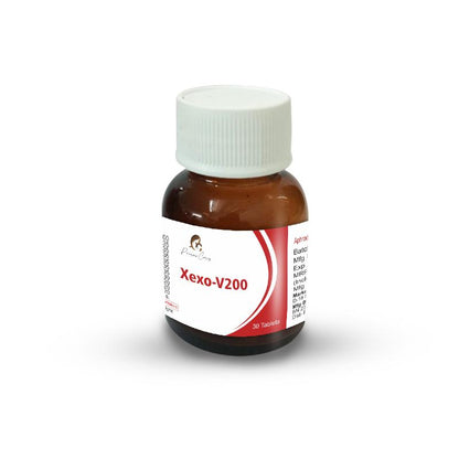 Brown plastic bottle with white cap, labeled "Paarmi Cares Xexo-V200."