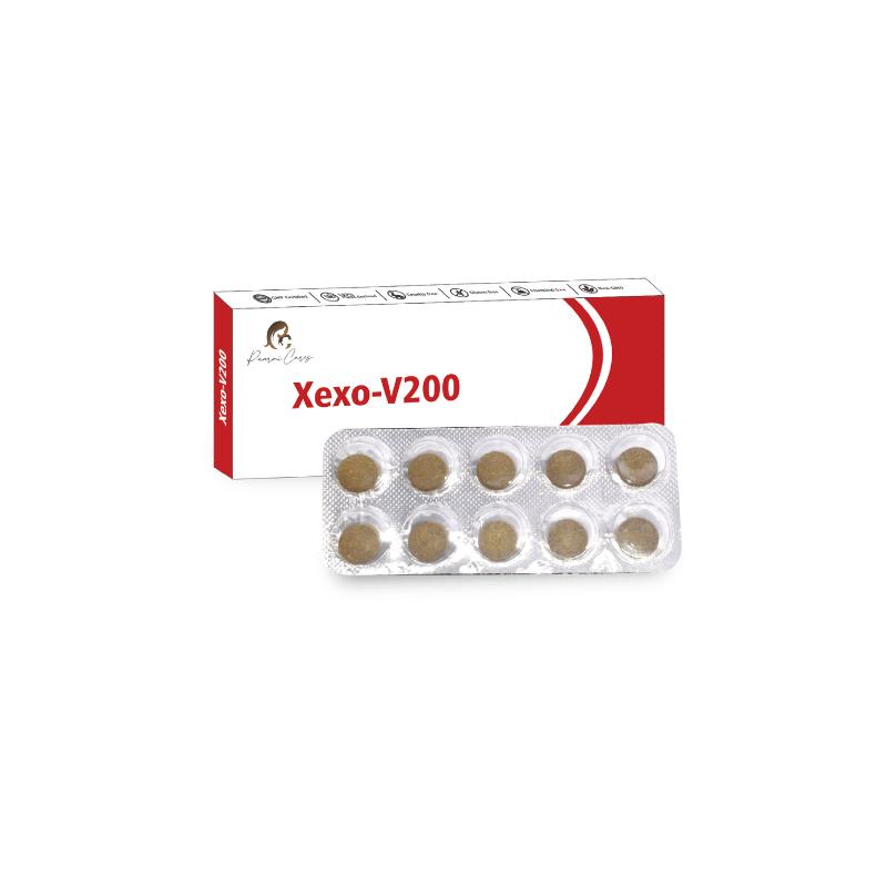 "Paarmi Cares Xexo-V200 medication box with a blister pack of ten round, brown tablets."