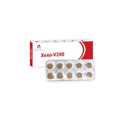 "Paarmi Cares Xexo-V200 medication box with a blister pack of ten round, brown tablets."