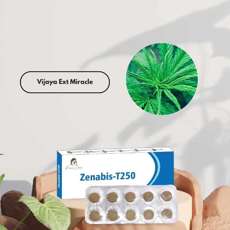 Pack of Zenabis-T250 tablets from Paarmi Cares with a circular inset image of green leafy plant and label "Vijaya Ext Miracle."