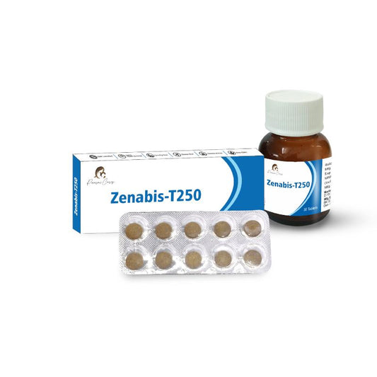 Zenabis-T250 box, bottle, and blister pack with tablets from Paarmi Cares.