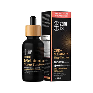 A bottle of CBD Oil Tincture with box contains Melatonin for Sleep (2000mg CBD, 180mg Melatonin) - Zero CBD