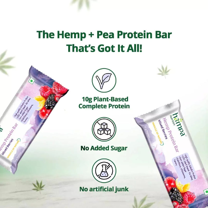 Hemp and pea protein bars with branding and health benefits on a light green background.