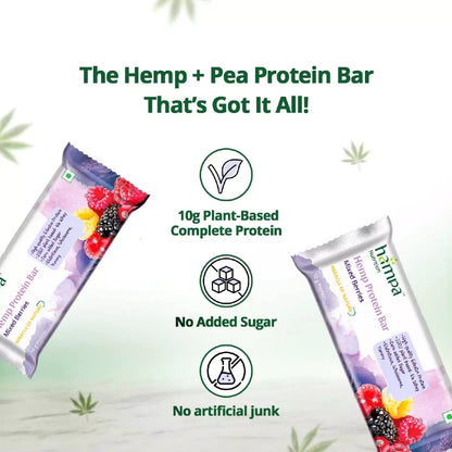 Hemp and pea protein bars with branding and health benefits on a light green background.