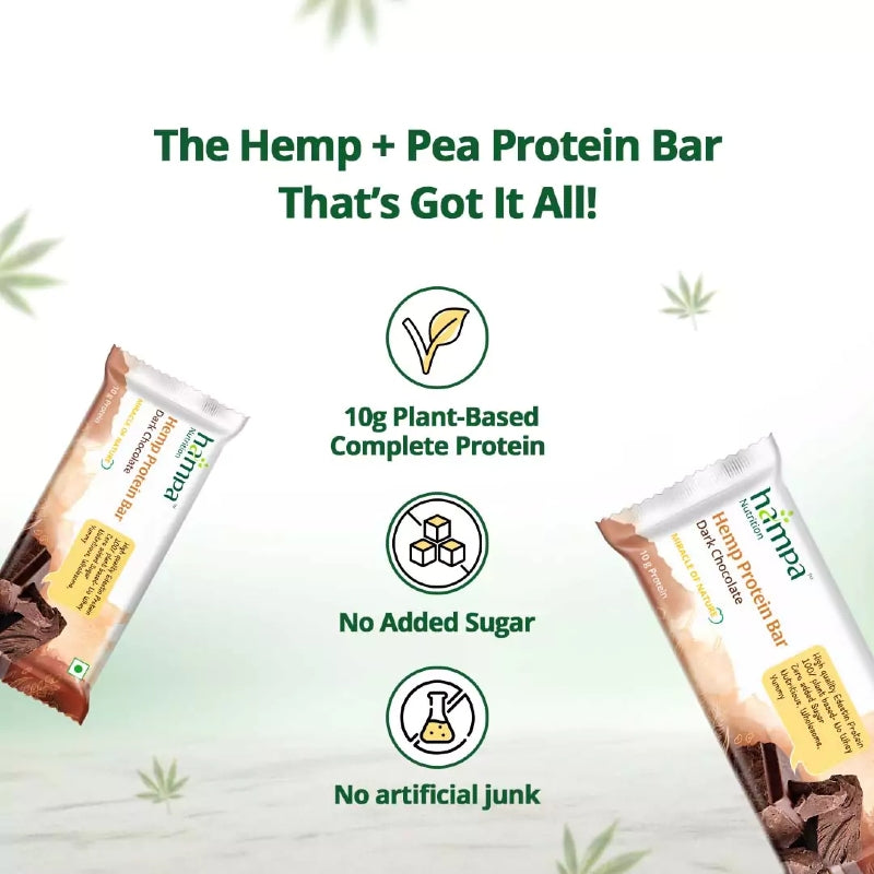 Hemp and pea protein bar packaging with health benefits text on a green background