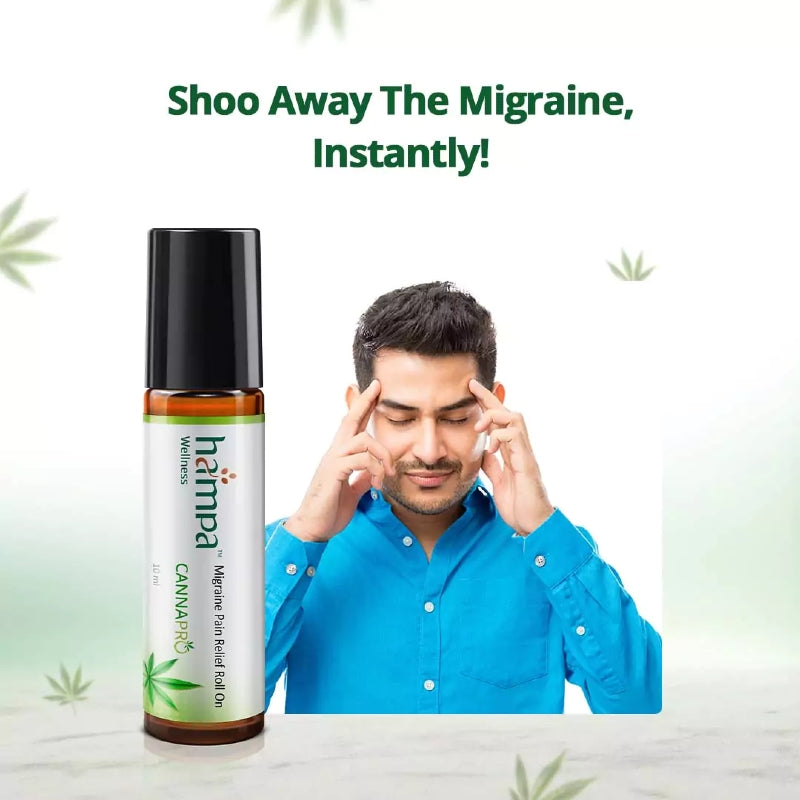 Hemp Migraine Pain Relief Roll On with a man holding his temples on a light green background