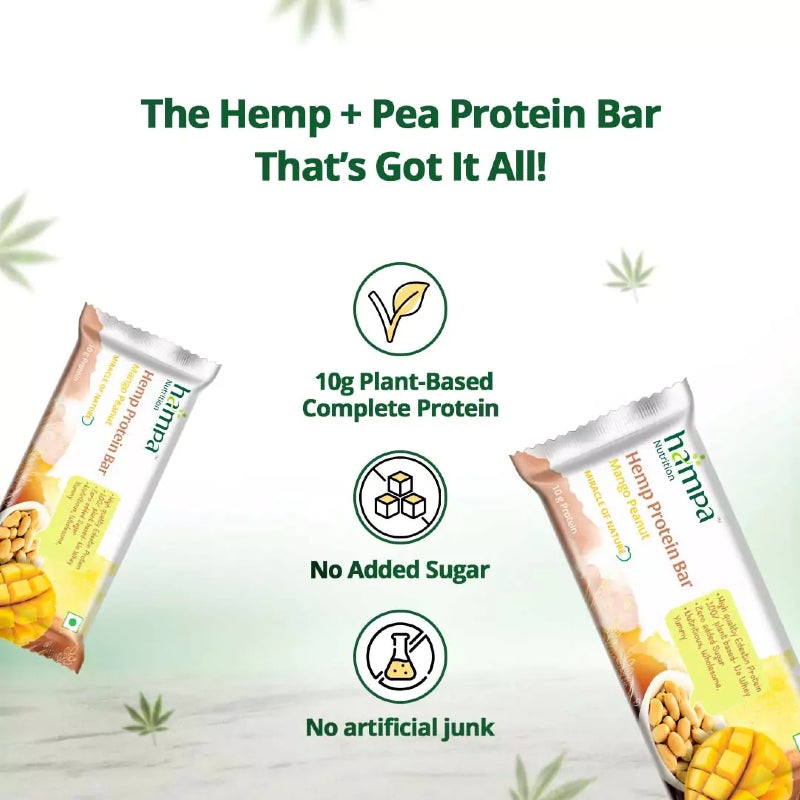 Hemp and pea protein bar packaging with product details on a light green background