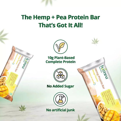 Hemp and pea protein bar packaging with product details on a light green background