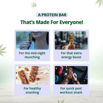 Promotional image of hemp protein bars with text highlighting their uses.