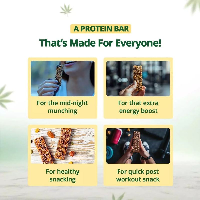 Promotional image of a protein bar with various uses highlighted.