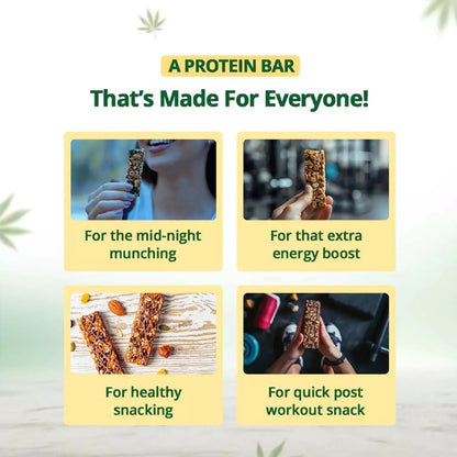 Promotional image of a protein bar with various uses highlighted.