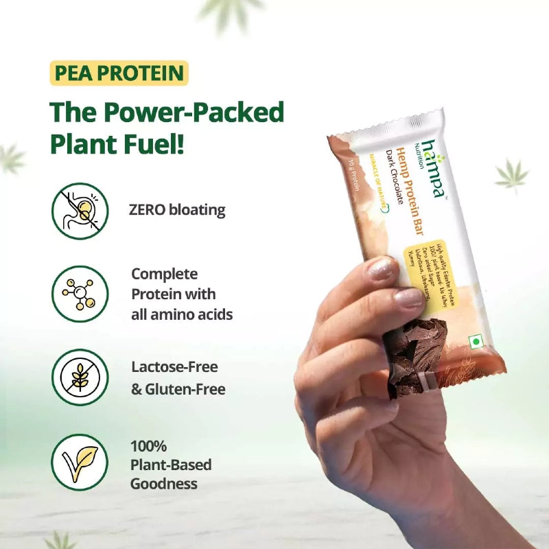 Hampa Hemp Protein Bar packaging with hand holding it, featuring text about protein benefits on a light green background.