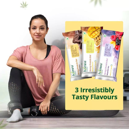 Woman sitting on a yoga mat with Hemp protein bar packaging and text '3 Irresistibly Tasty Flavours' on a yellow background.