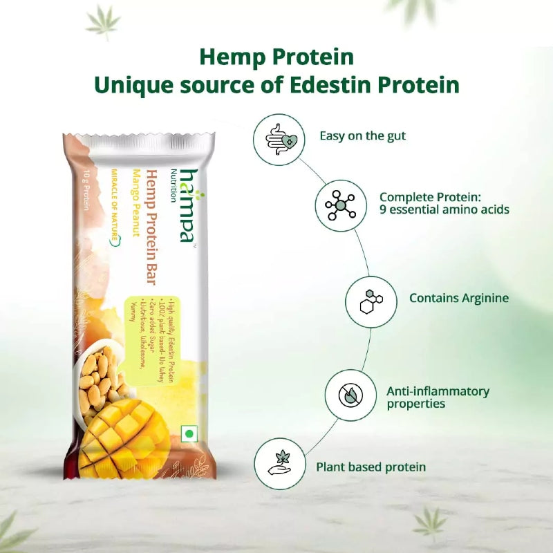 Hemp protein bar packaging with nutritional benefits on a light green background