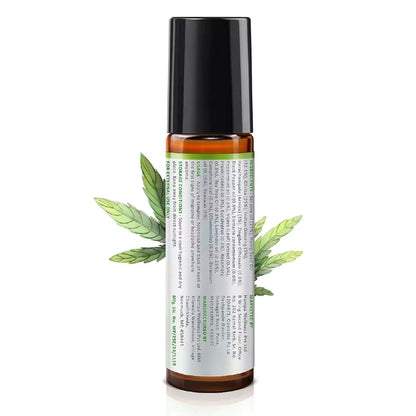 Hemp Roll-on bottle with cannabis leaves on a white background