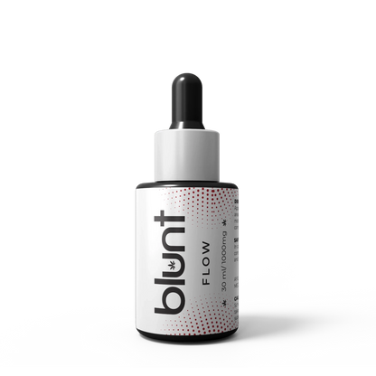 Bottle labeled 'blunt flow' with dropper on a white background