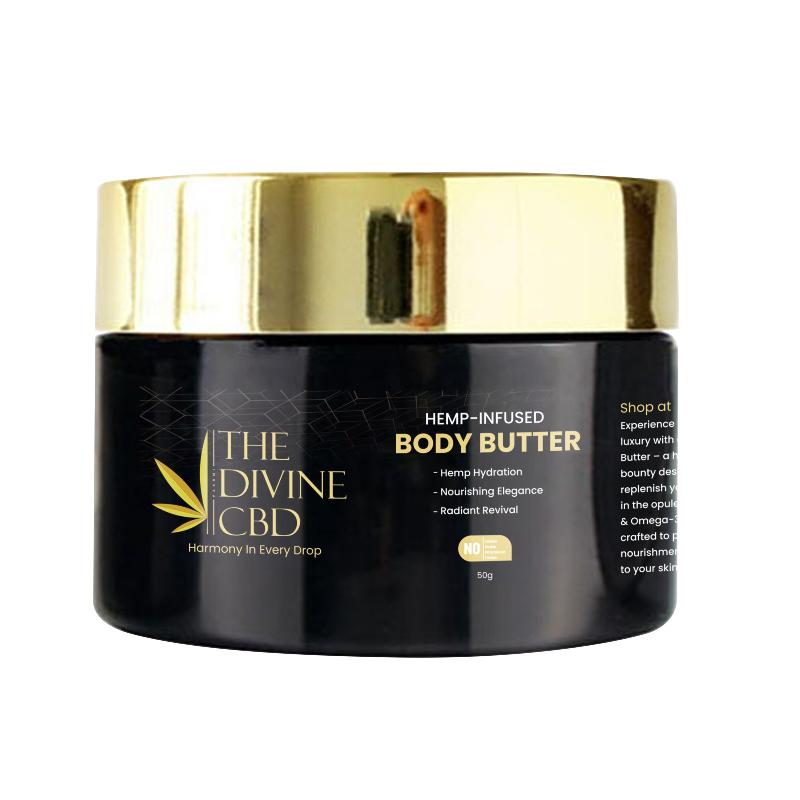 Jar of The Divine CBD hemp-infused body butter with a black body and gold lid.


