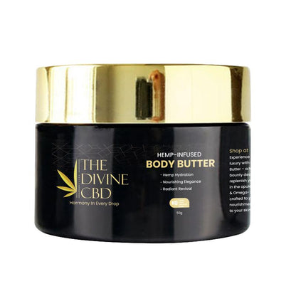 Jar of The Divine CBD hemp-infused body butter with a black body and gold lid.

