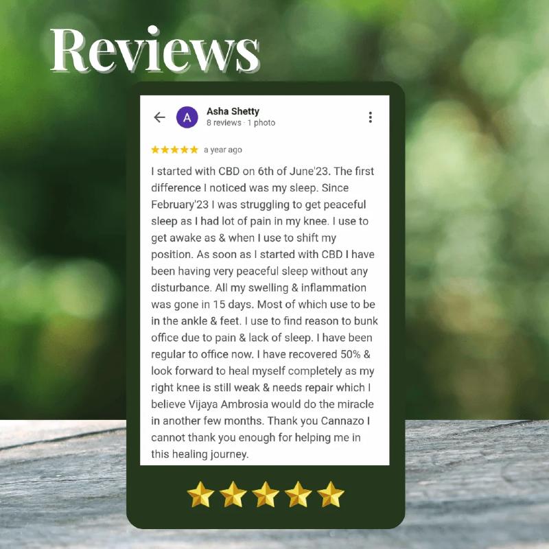 Phone screen displaying a review of CBD products with a blurred green background