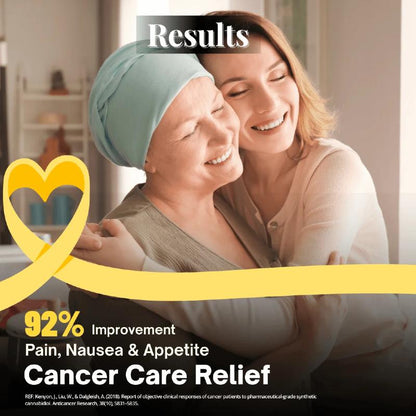 Two women embracing, one with a headscarf, in a home setting with text about cancer care relief.