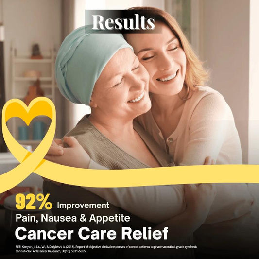 Two women embracing, one with a headscarf, in a home setting with text about cancer care relief.