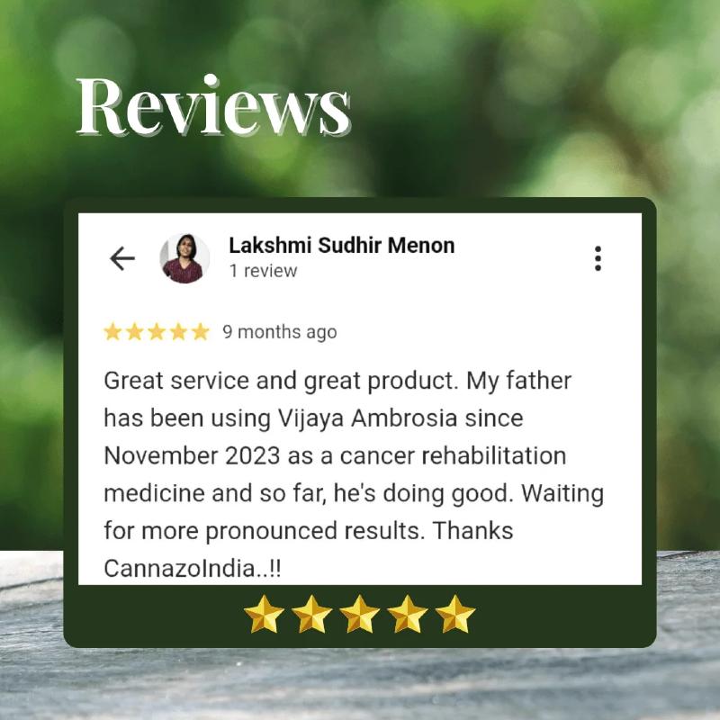 Five-star CBD Oil  review from Lakshmi Sudhir Menon on a blurred green background