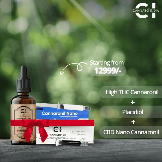 Bottle and packaging of a CBD product with text on a blurred green background