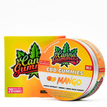 Load image into Gallery viewer, Natural CBD Gummies: Organic mango CBD gummies, 20 gummies per tin, Vijaya Extract, hemp-based
