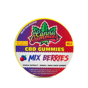 Compact tin holding delicious mixed berry CBD gummies.