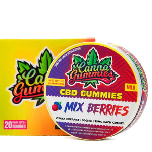 Portable container of tangy mixed berry CBD edibles, strong formula.