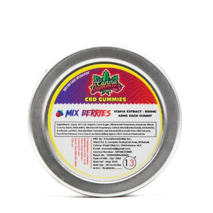 Tin jar packed with rejuvenating mixed berry CBD gummies, Vijaya extract.