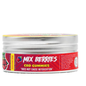 Sleek container holding zesty mixed berry CBD gummies, strong formula.