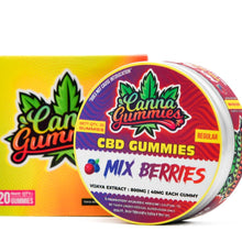 Load image into Gallery viewer, Luxurious tin showcasing a medley of mixed berry CBD gummies, potent and flavorful.
