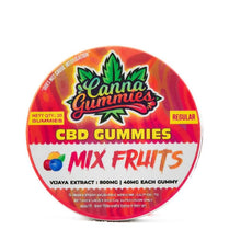 Load image into Gallery viewer, Round tin of Canna Gummies with mixed fruit flavors.
