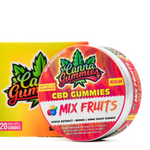 Load image into Gallery viewer, Vibrant red tin containing CBD infused mixed fruit gummies.
