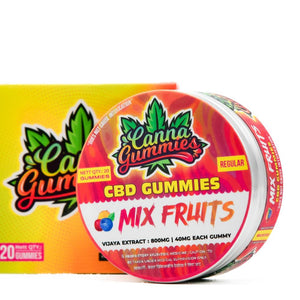 Vibrant red tin containing CBD infused mixed fruit gummies.