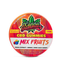 Load image into Gallery viewer, Circular container of 20 regular mixed fruit CBD gummies.
