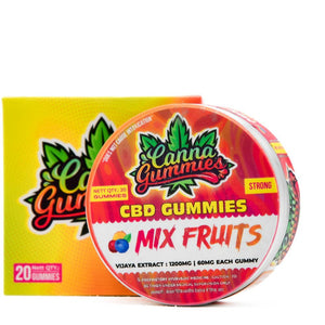 Compact tin holding delicious mixed fruit Canna Gummies.