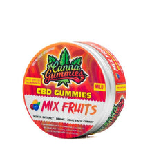 Load image into Gallery viewer, Portable container of fruity CBD gummies in mixed flavors.
