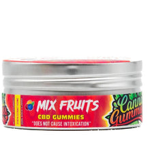 Load image into Gallery viewer, Attractive tin filled with indulgent mixed fruit CBD treats.
