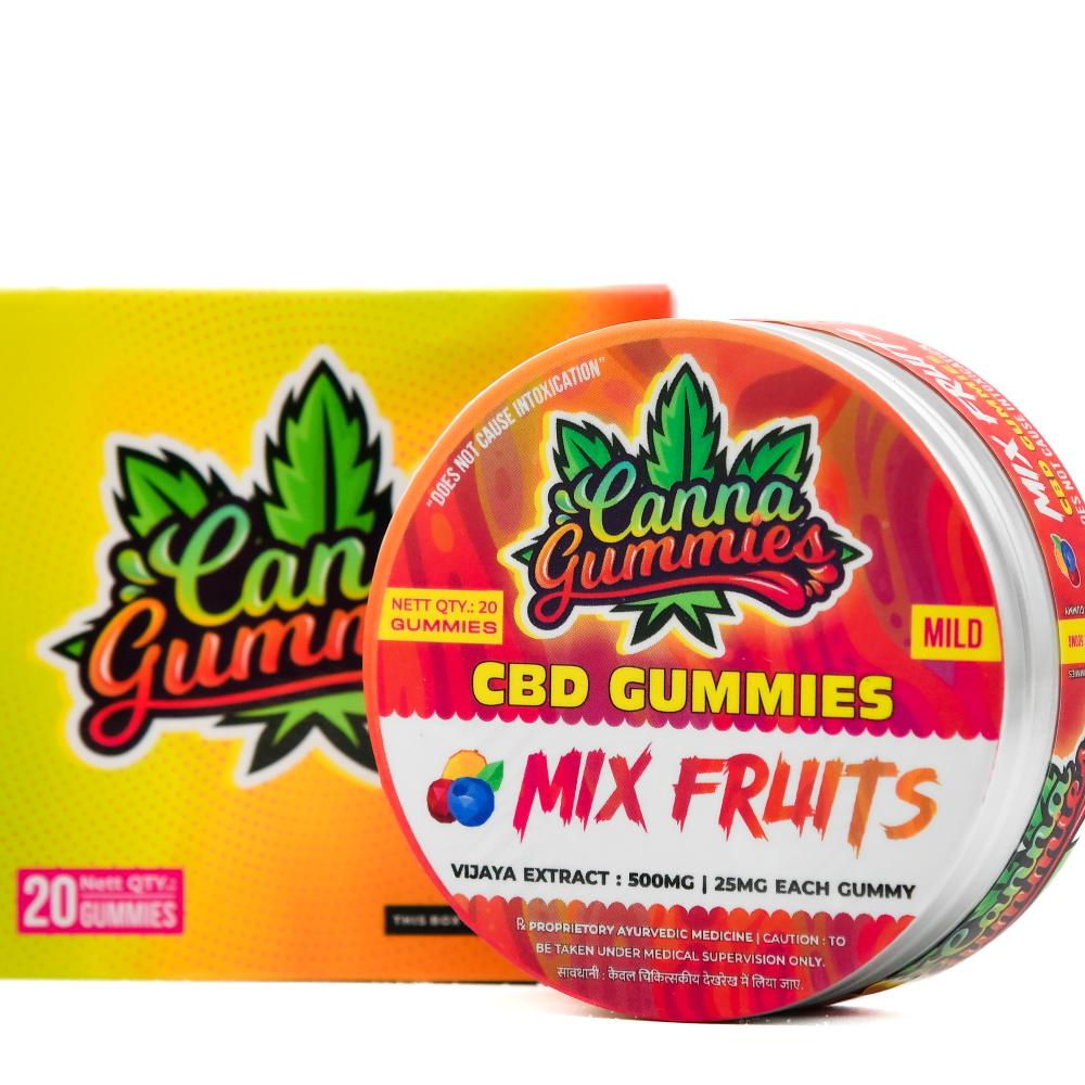 Practical tin packed with refreshing mixed fruit Canna Gummies.